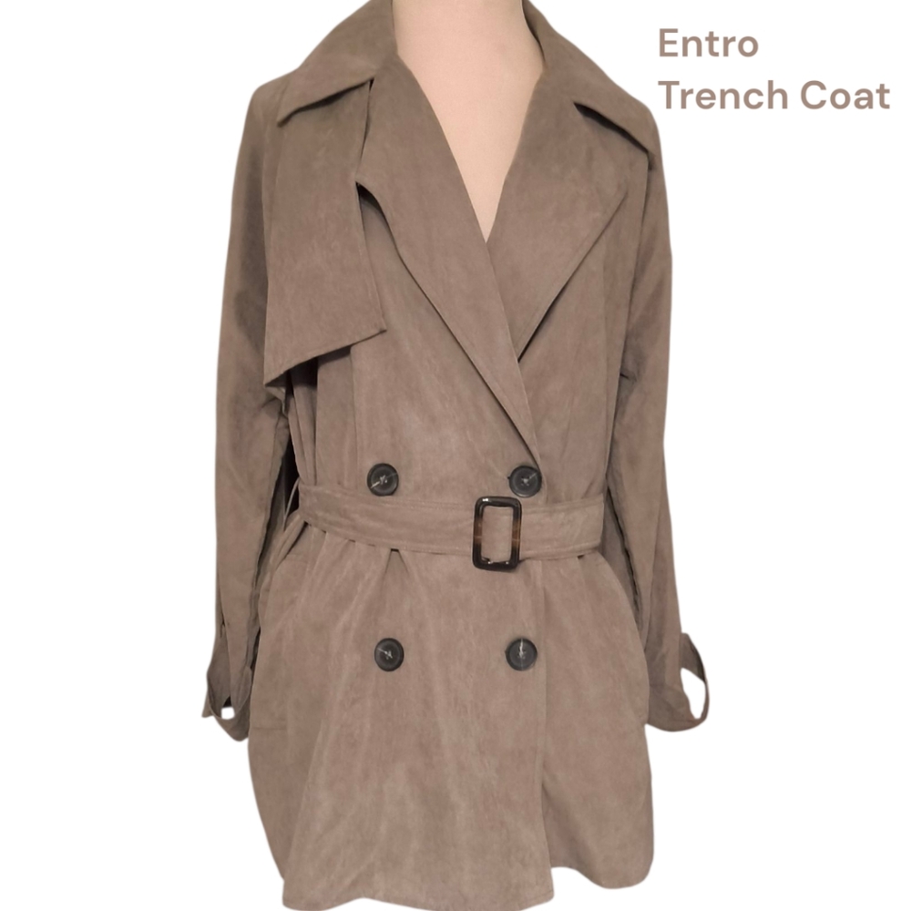 Entro Women's Taupe Belted Short Trench Coat - Lightweight Fall Jacket Neutral